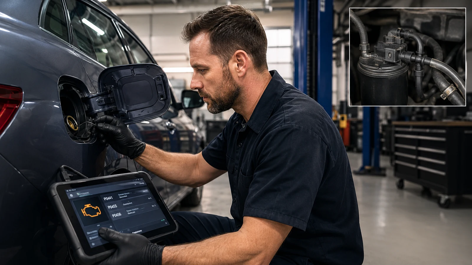 Mechanic diagnosing EVAP system leak clues