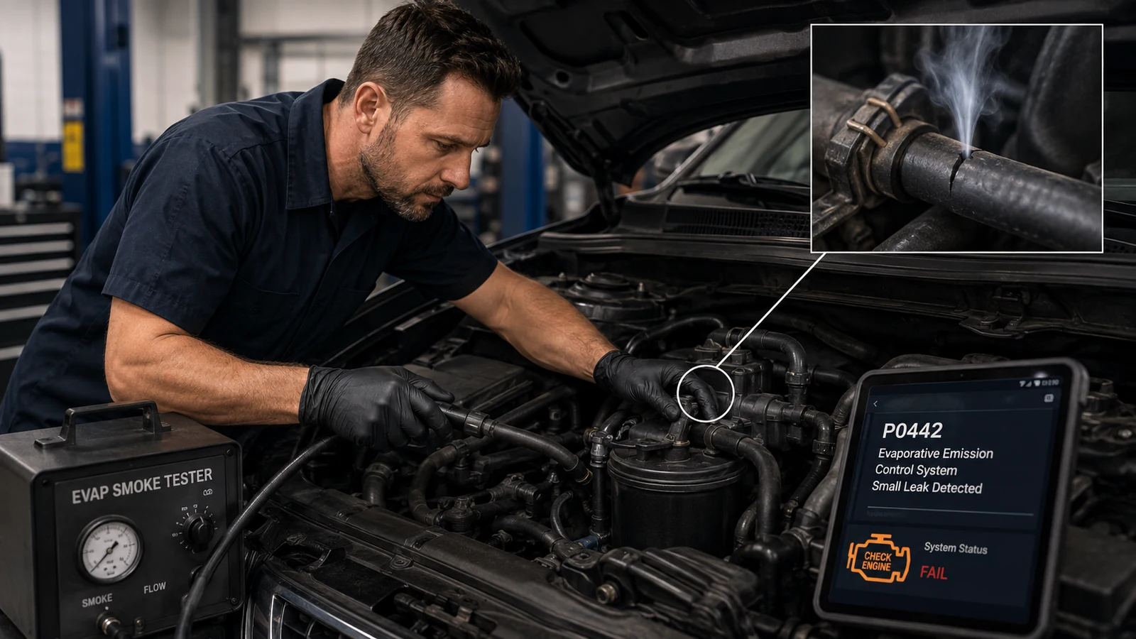 Mechanic performing EVAP smoke leak test