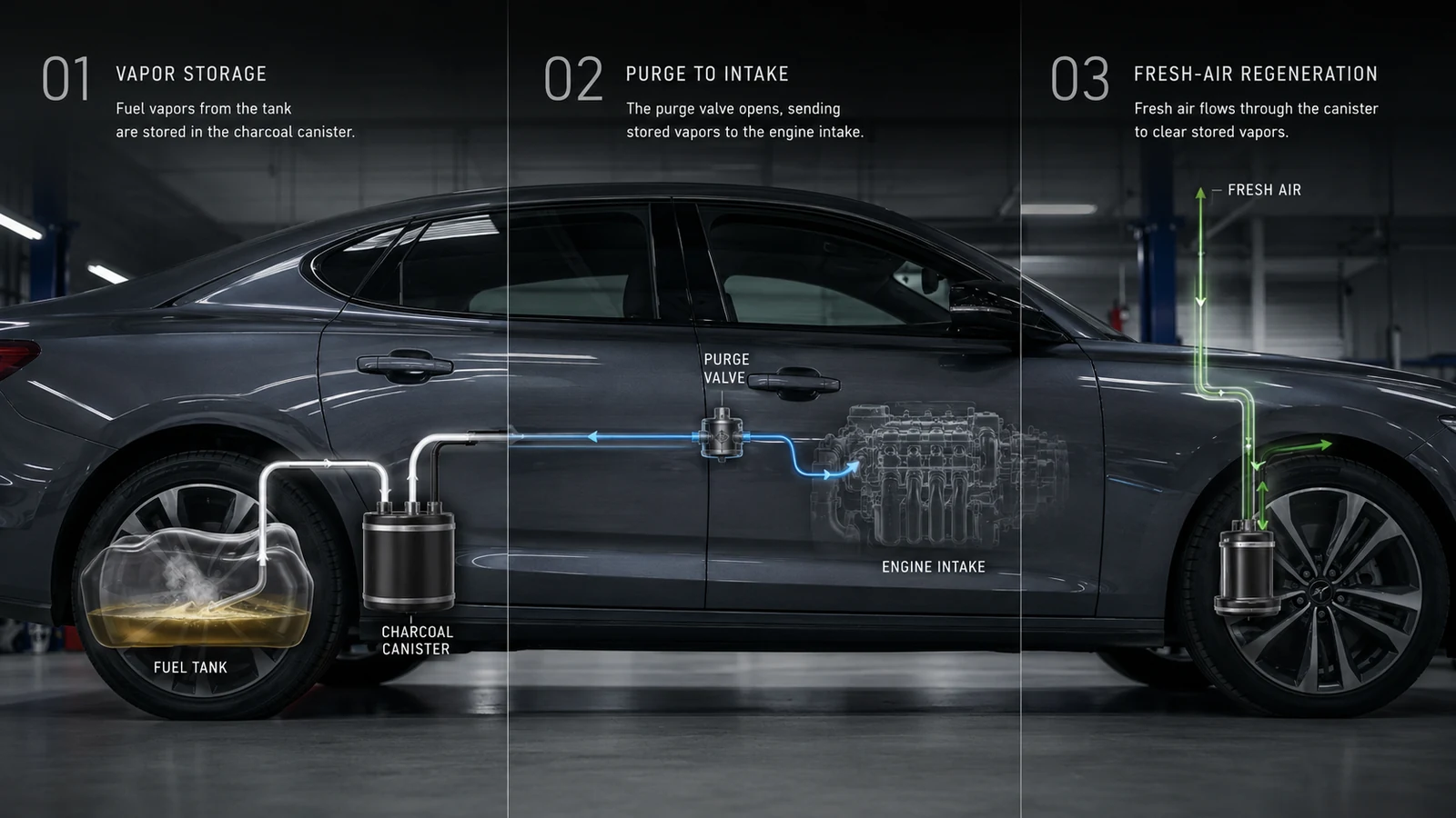 Diagram showing automotive EVAP cycle process