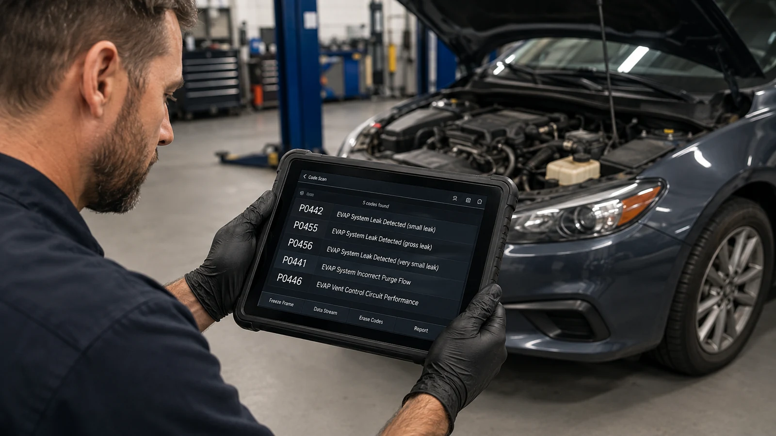 Mechanic reviewing EVAP diagnostic trouble codes. An EVAP code identifies what the computer detected , not the exact part to replace. That distinction prevents unnecessary parts replacement.
