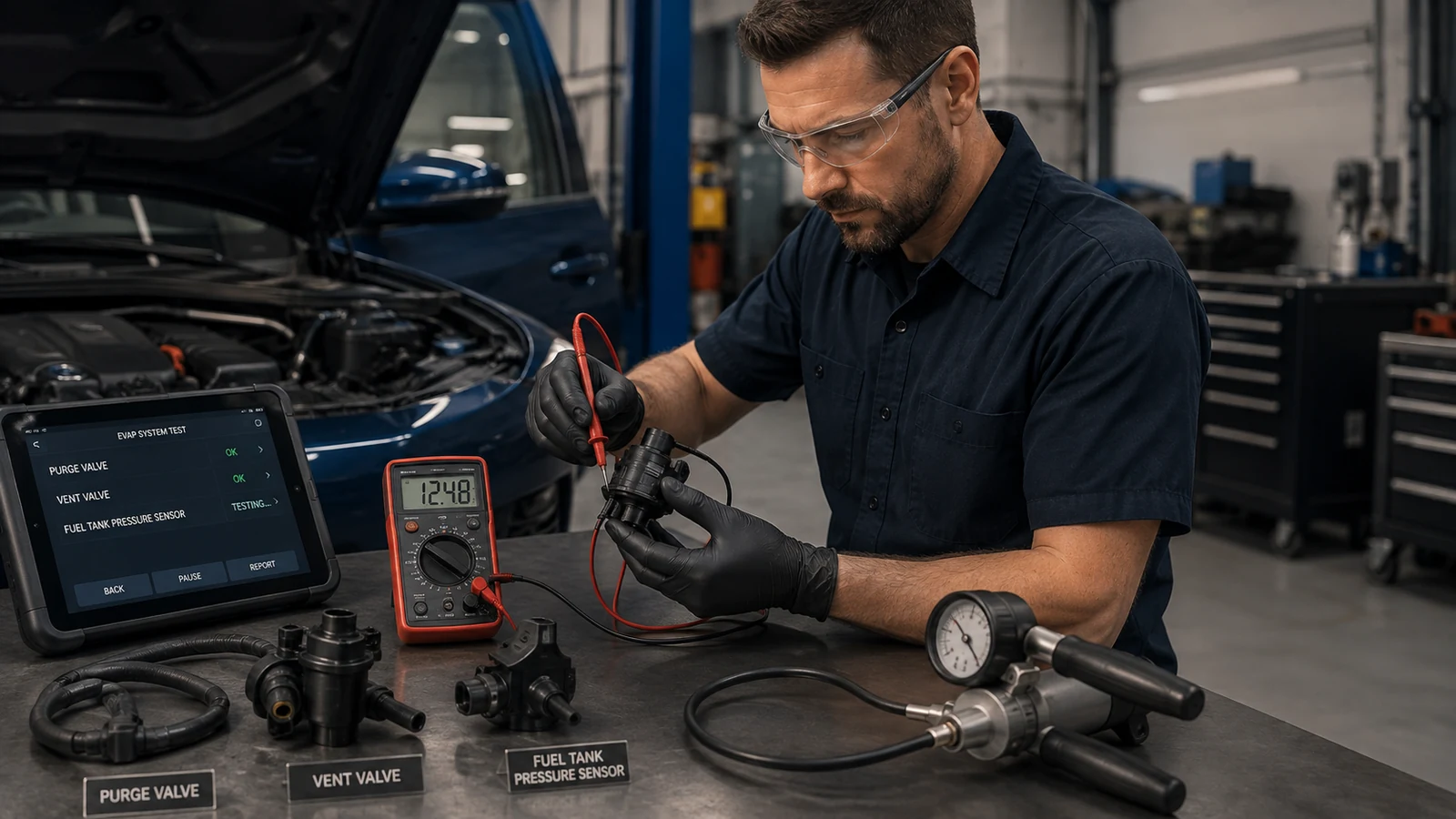 Mechanic testing EVAP valves and sensors