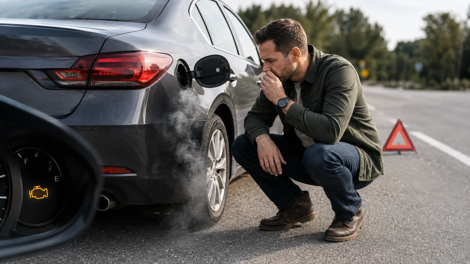 Driver inspecting serious fuel vapor issue