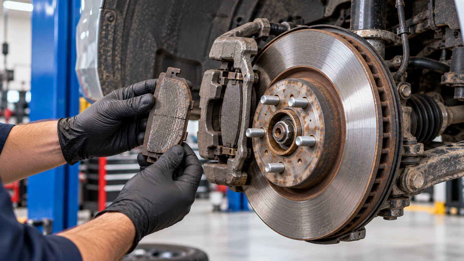 Brake pads and rotors ready for inspection