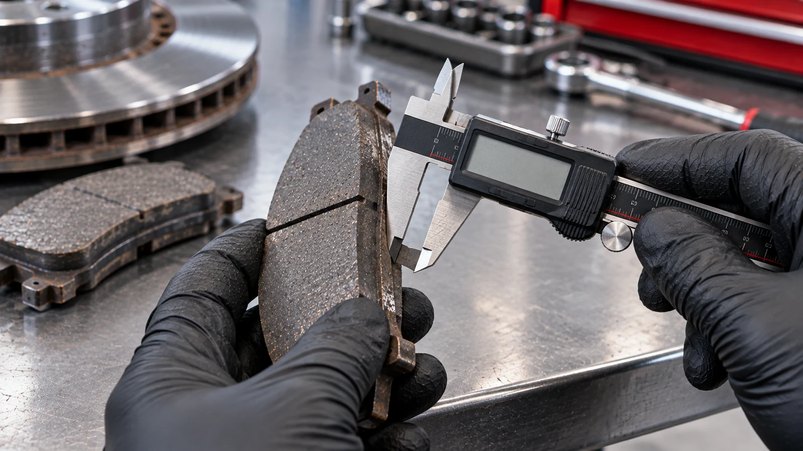 Measuring brake pad friction material thickness
