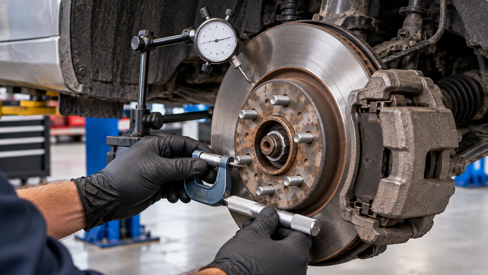 Measuring brake rotor thickness and lateral runout