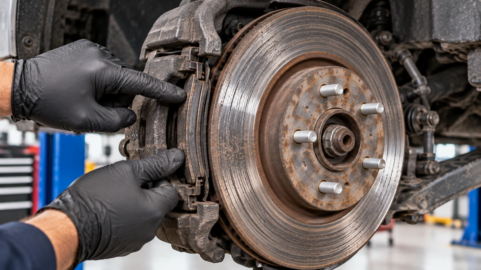 Scored brake rotor and worn pad inspection