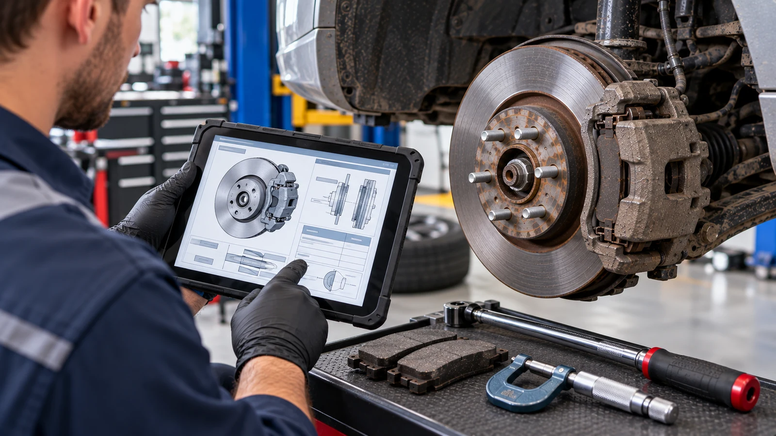 Technician checking brake specifications on workshop tablet