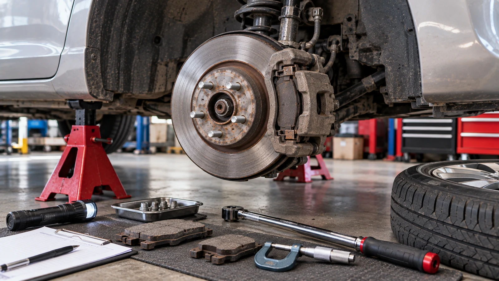 Wheel removed for complete brake system inspection