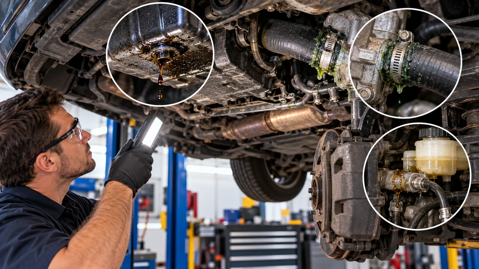 Vehicle fluid leaks inspected in workshop