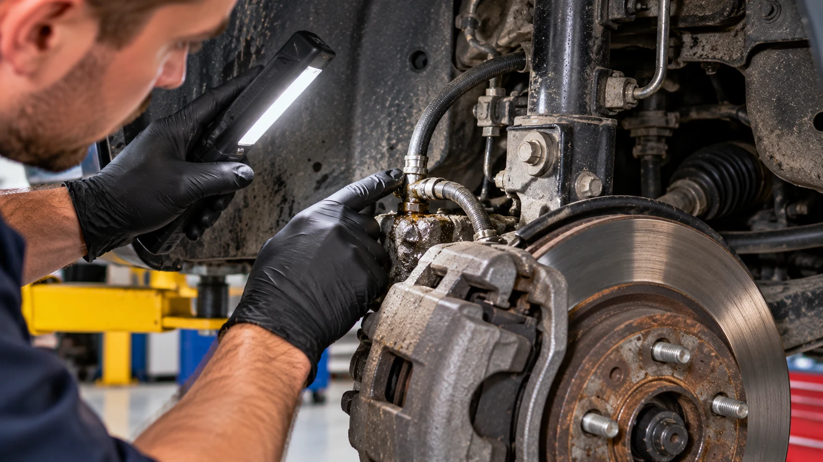 Brake fluid leak inspection at front wheel