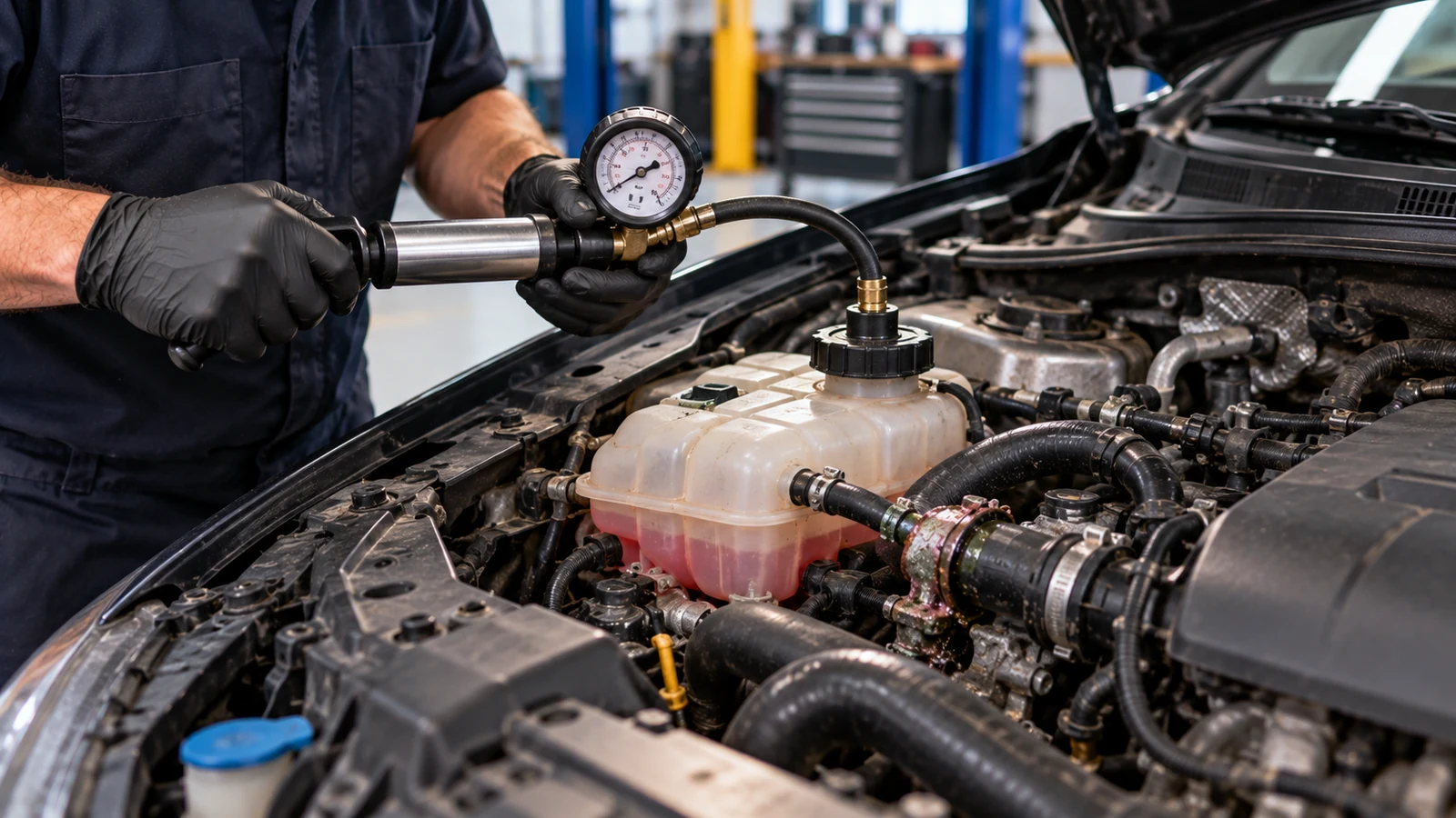 Coolant pressure test in professional workshop
