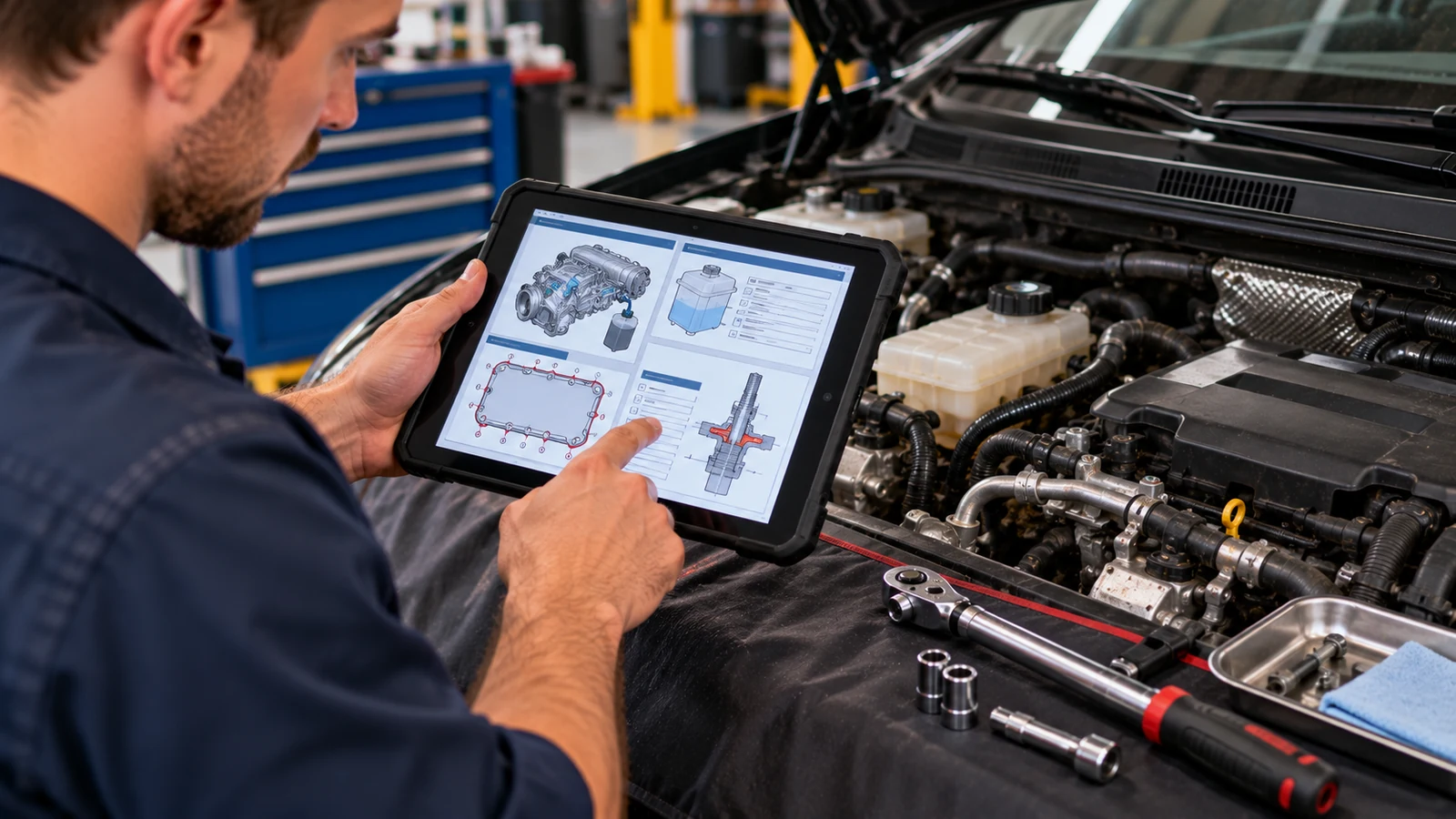Technician checking factory fluid specifications on tablet