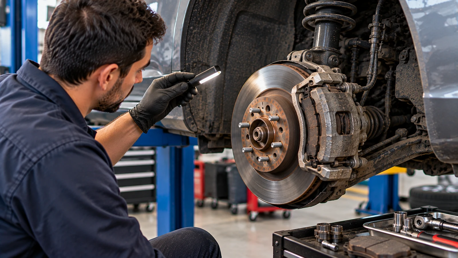 Mechanic inspecting noisy front disc brake assembly