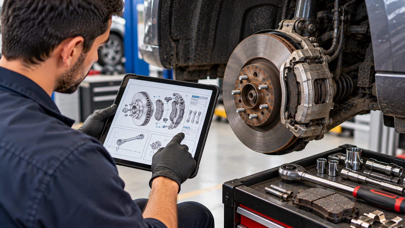 Technician checks brake specifications before reassembly