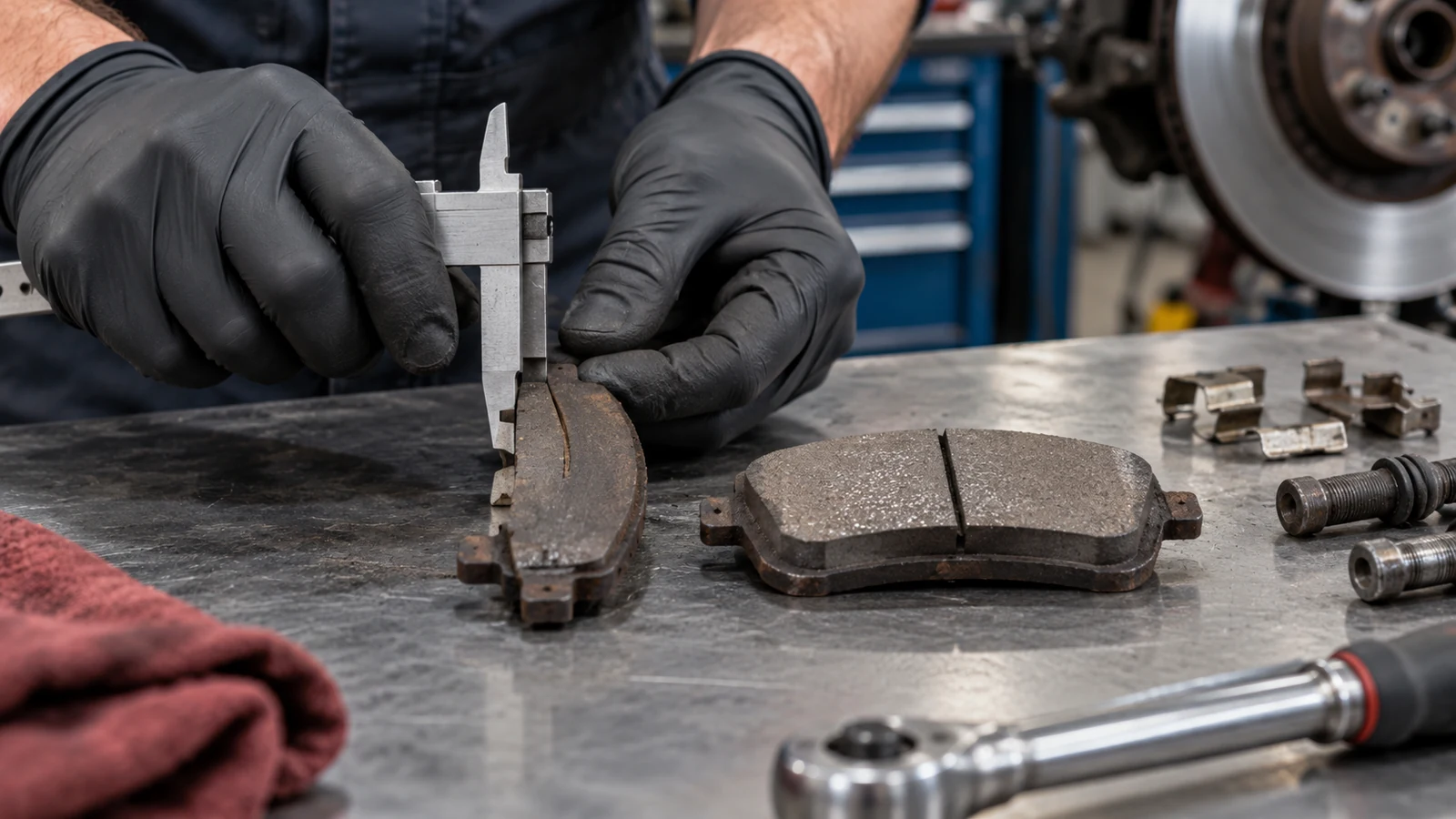 Technician compares inner and outer brake pads