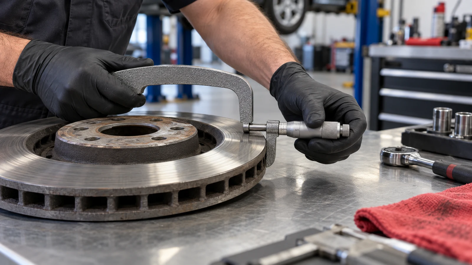 Brake rotor thickness measured using a micrometer