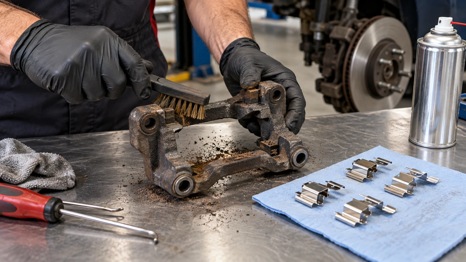 Mechanic cleans caliper bracket and replacement clips