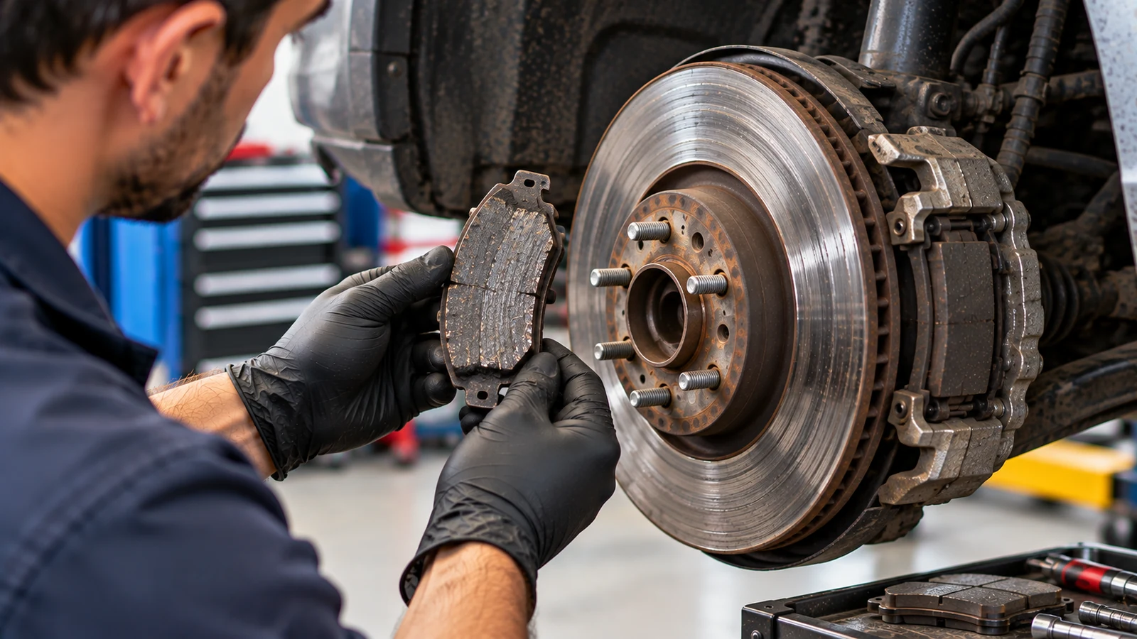 Worn brake pad beside a scored rotor