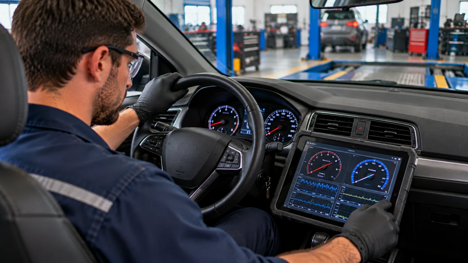 Technician diagnosing transmission slip with scan tool