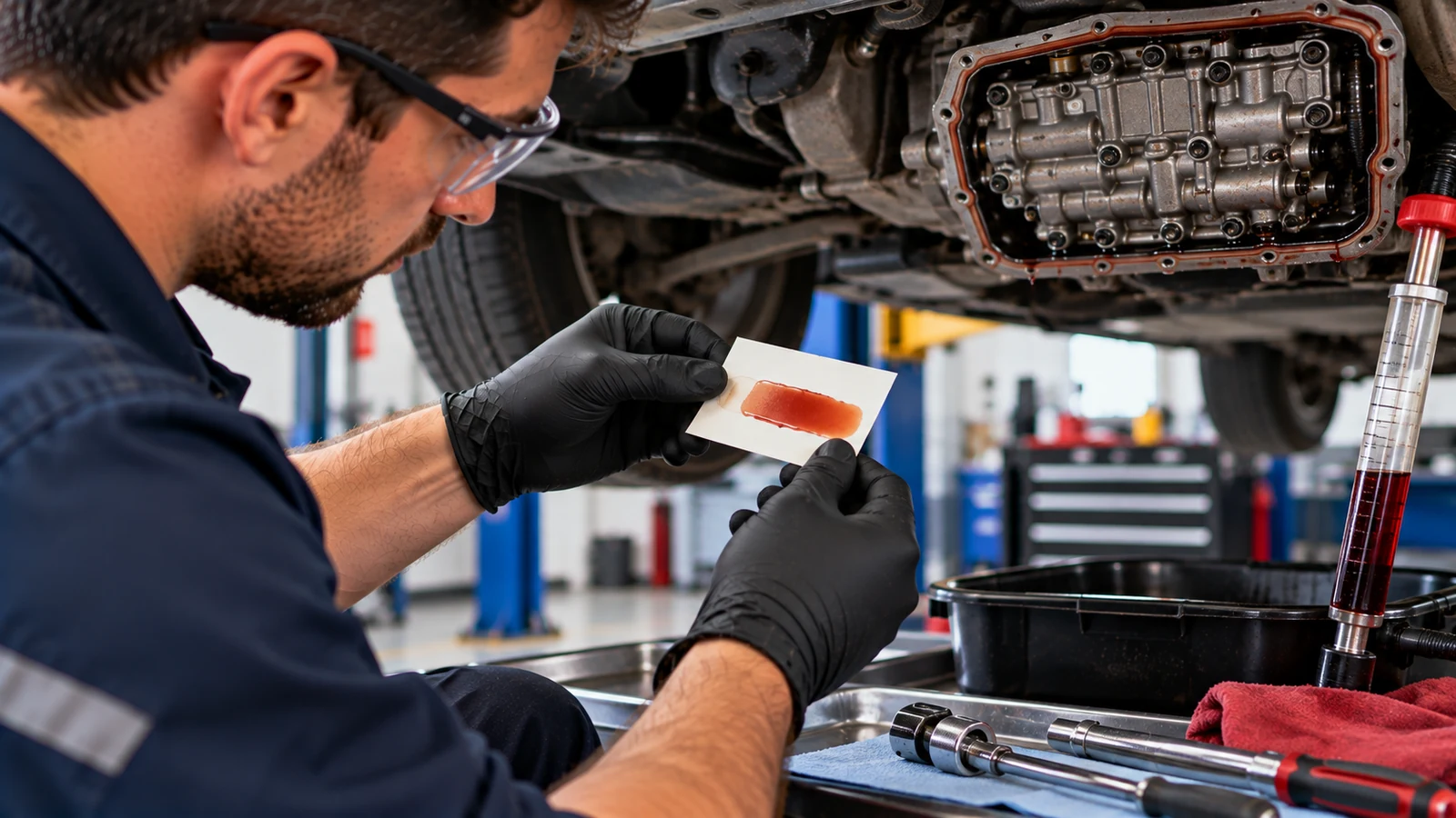 Checking automatic transmission fluid condition in workshop