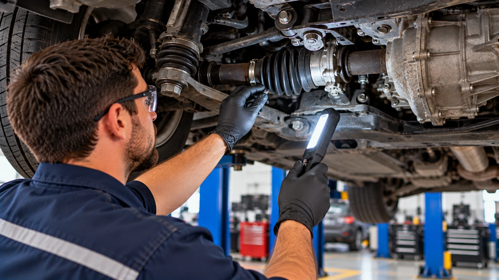 Mechanic inspecting CV axle and driveline components