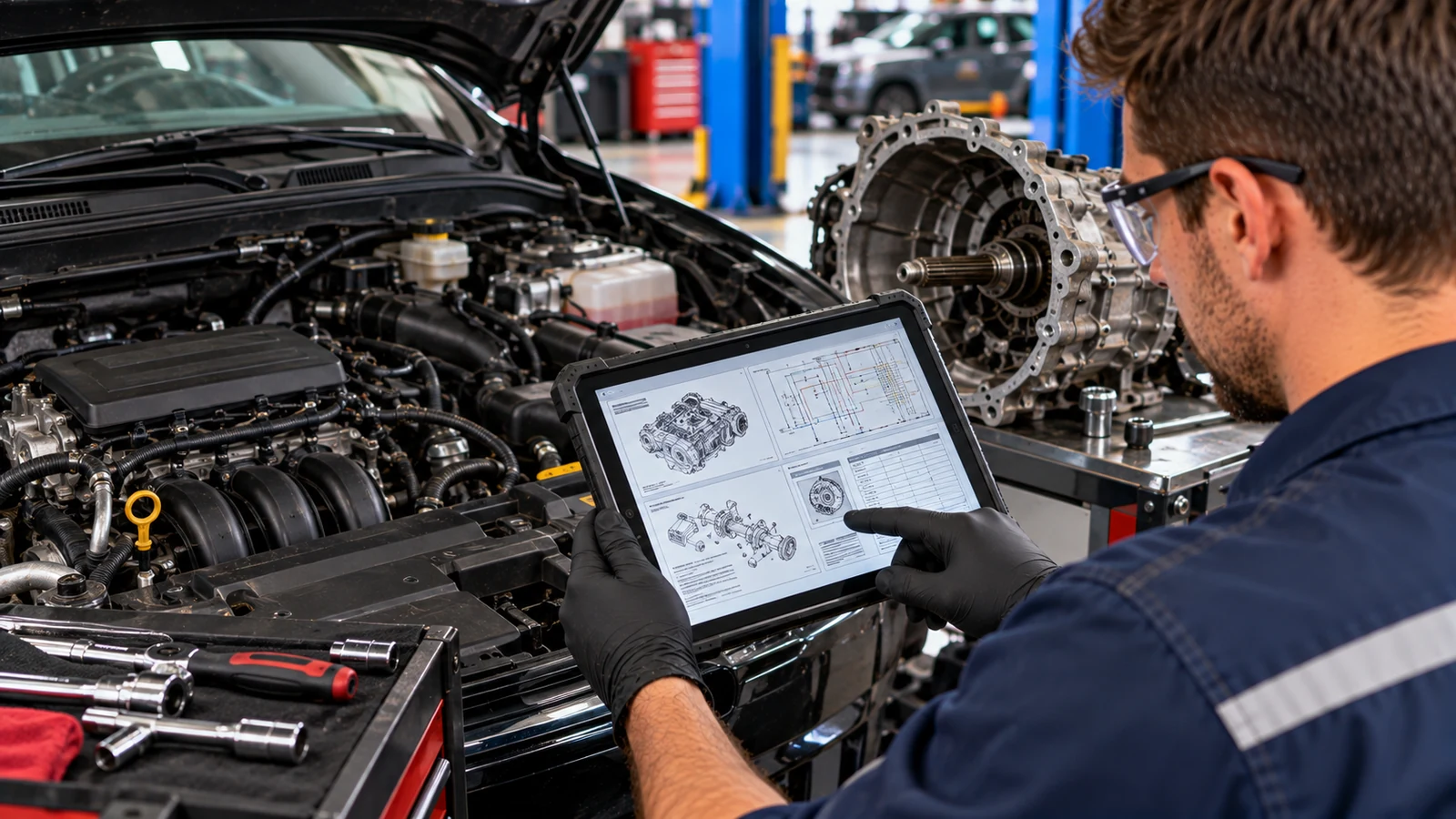 Factory workshop manual beside open engine bay