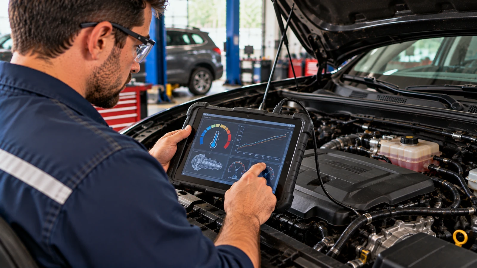 Mechanic checking cold transmission temperature data