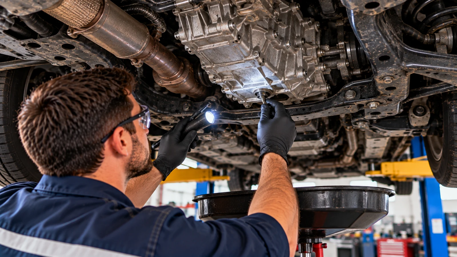 Mechanic inspecting automatic transmission fluid level