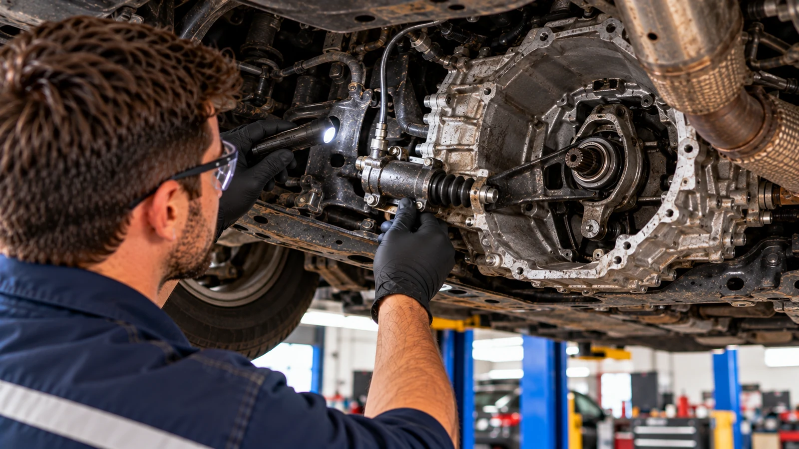 Mechanic inspecting manual clutch release hydraulics