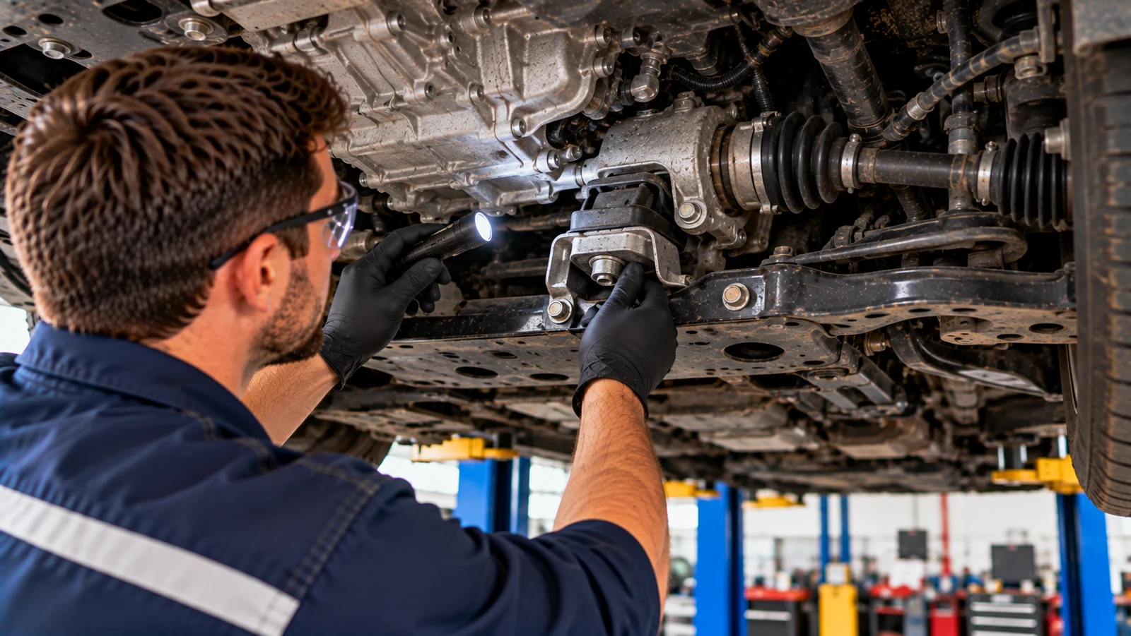 Technician checking engine mount and axle