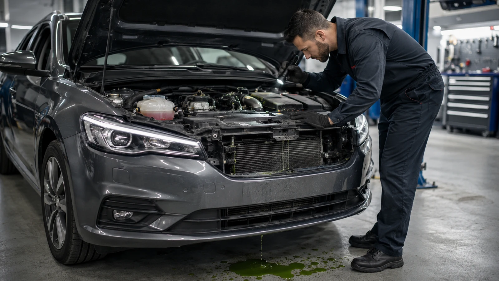 Mechanic inspecting a coolant leak beneath a car hood