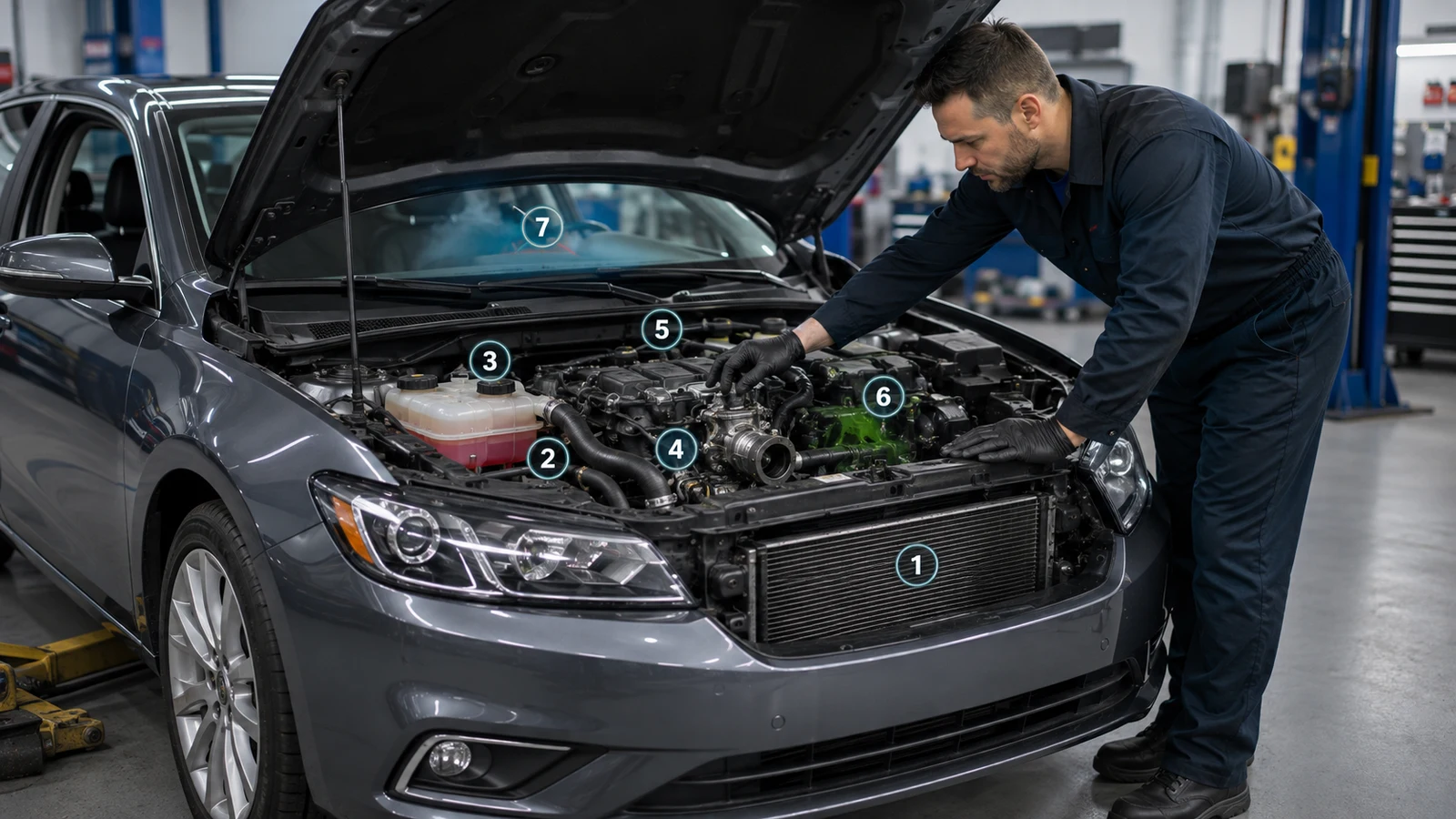 Mechanic checking likely coolant leak sources in an engine bay