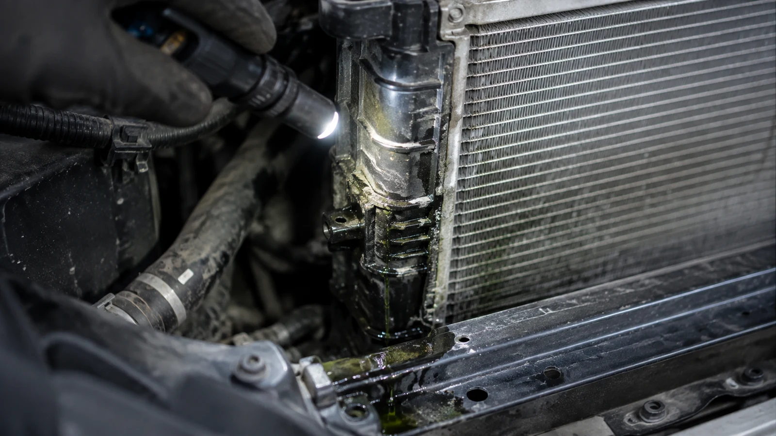 Close view of coolant leaking around a vehicle radiator seam