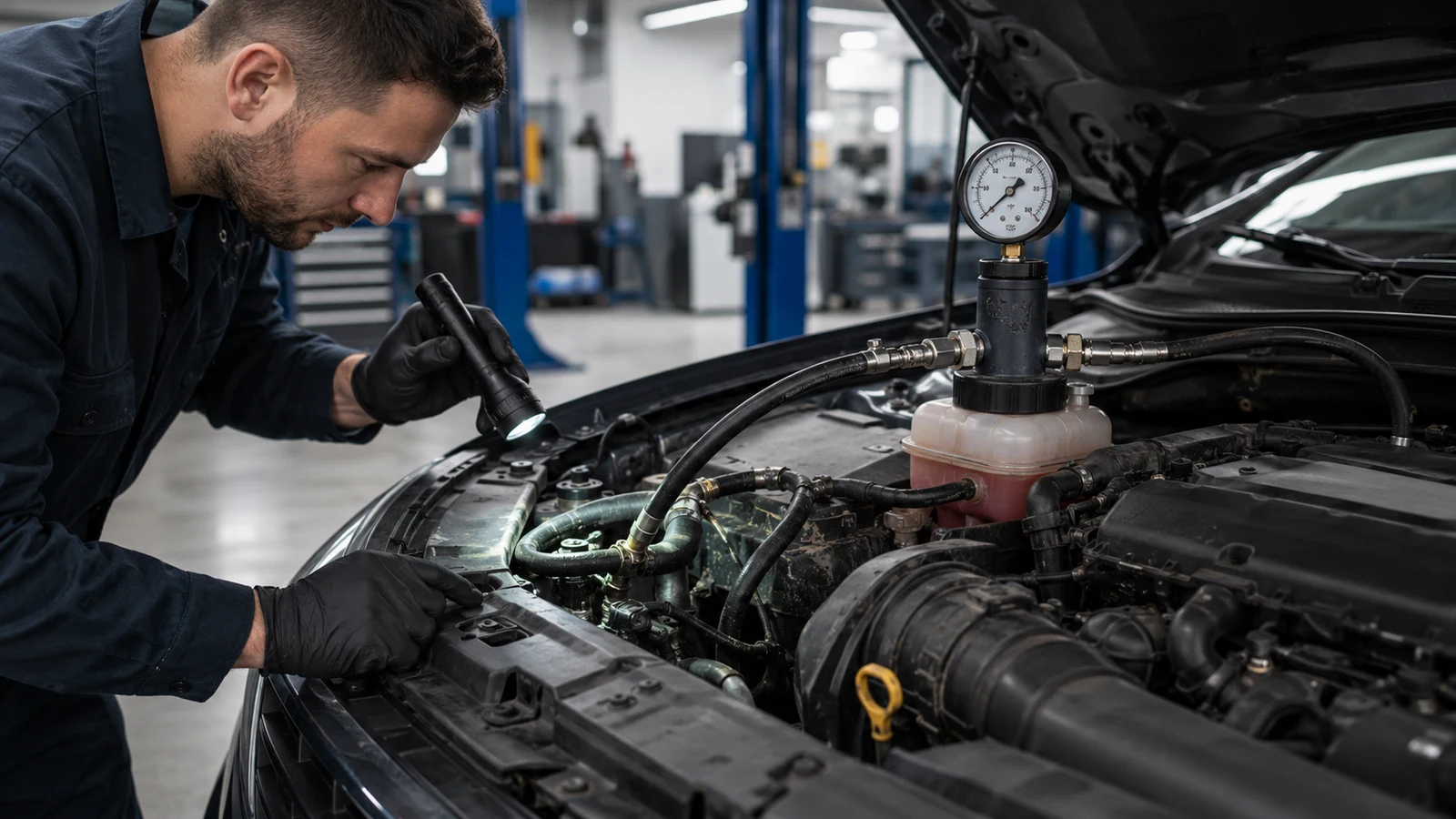 Technician pressure-testing a vehicle cooling system to find a leak