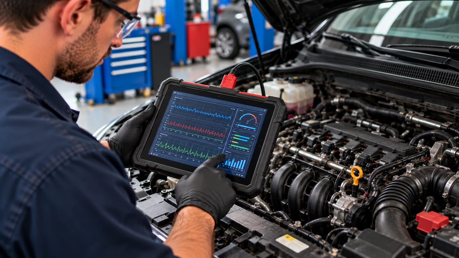 Technician diagnosing rough idle with scan tool