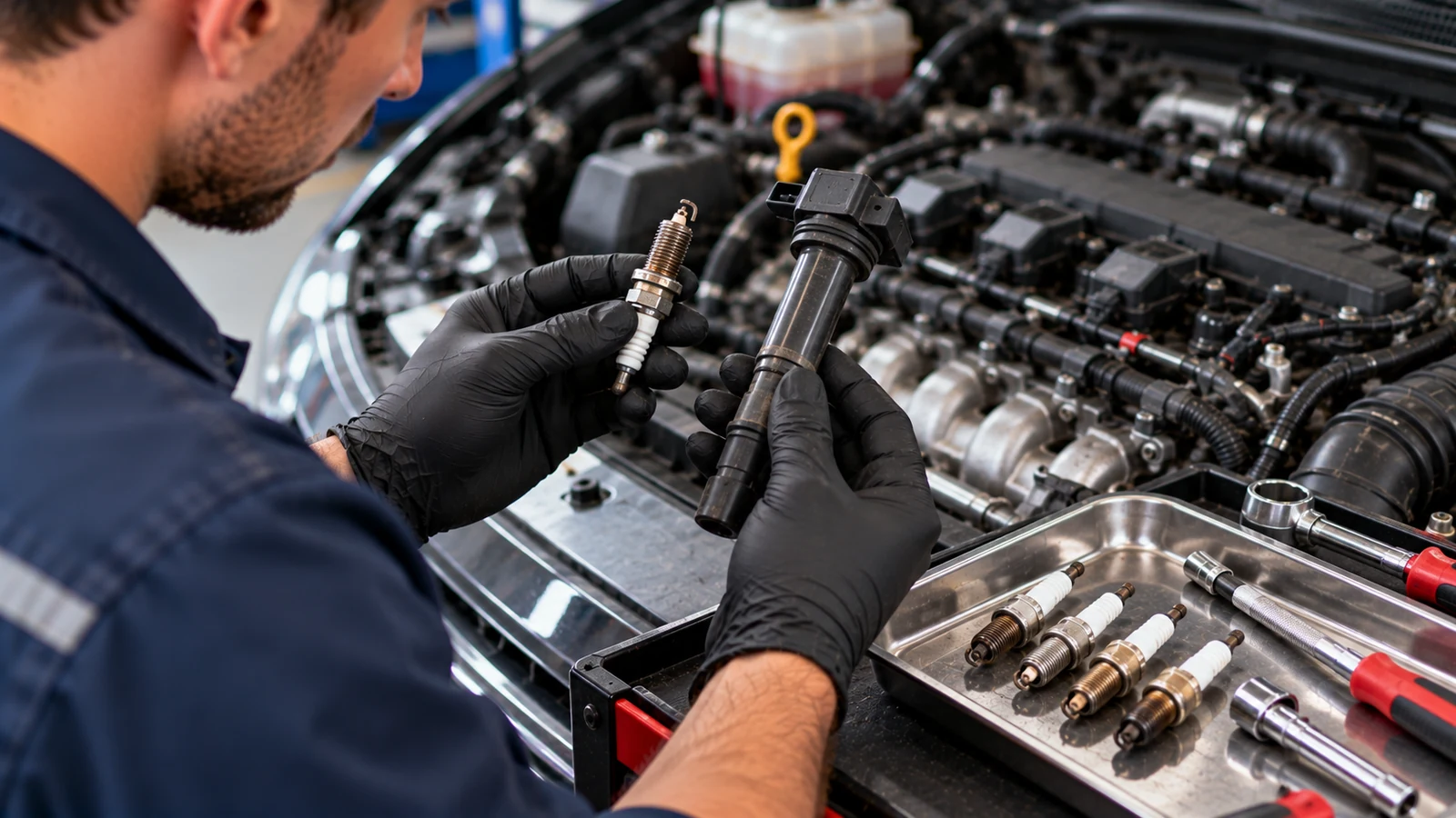 Mechanic inspecting spark plug and ignition coil