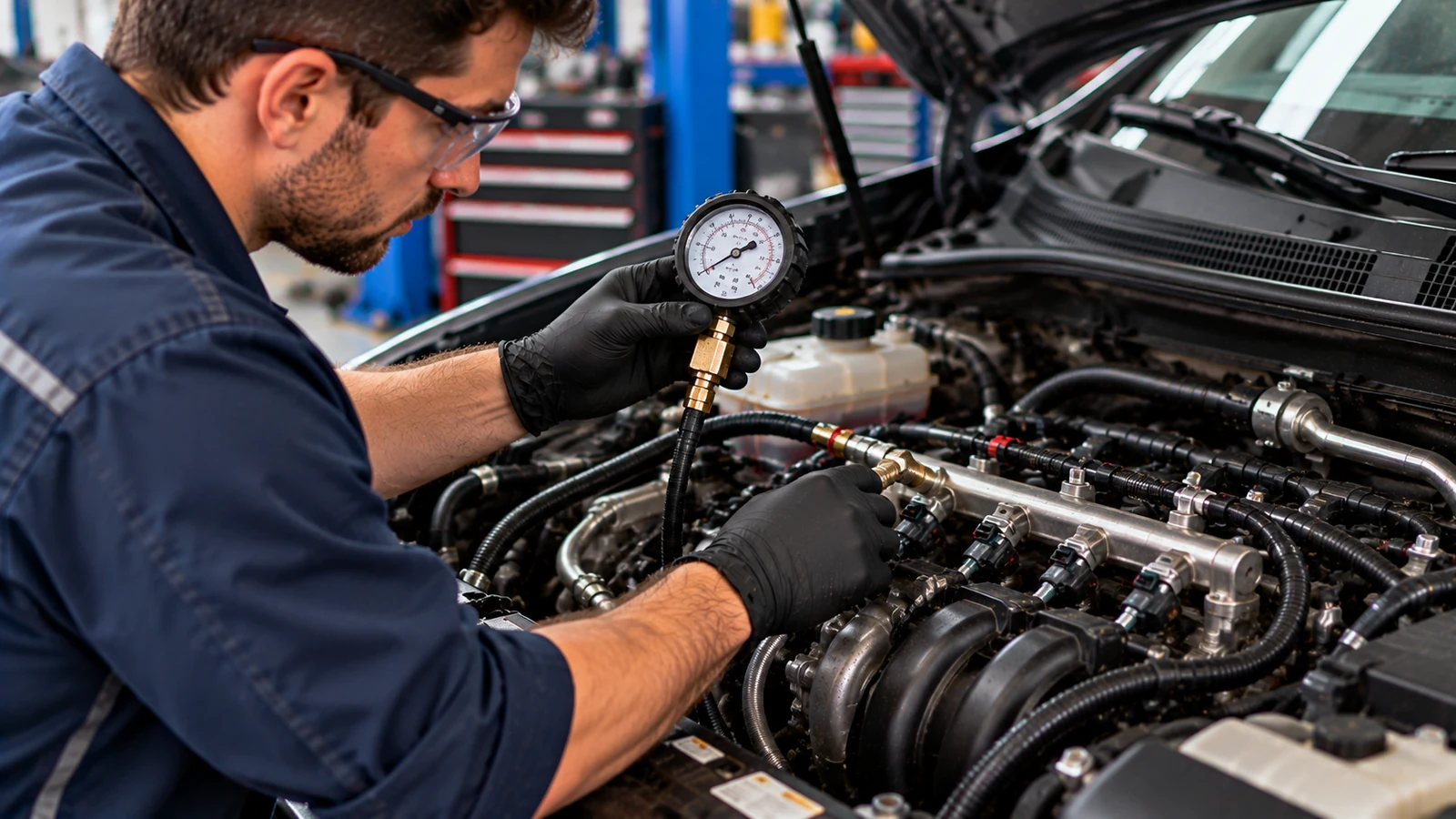 Fuel-pressure gauge connected during engine diagnosis