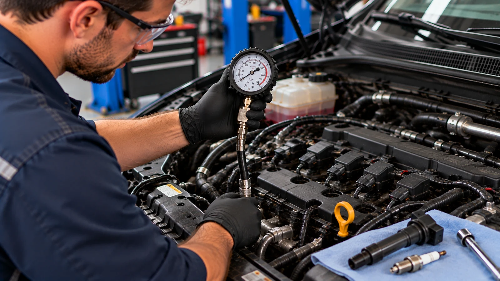 Mechanic performing an engine compression or leak-down test