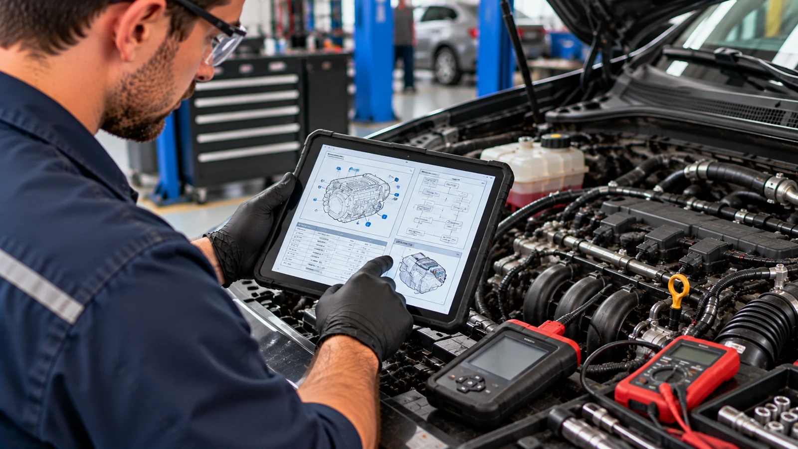 Technician checking factory idle specifications on tablet