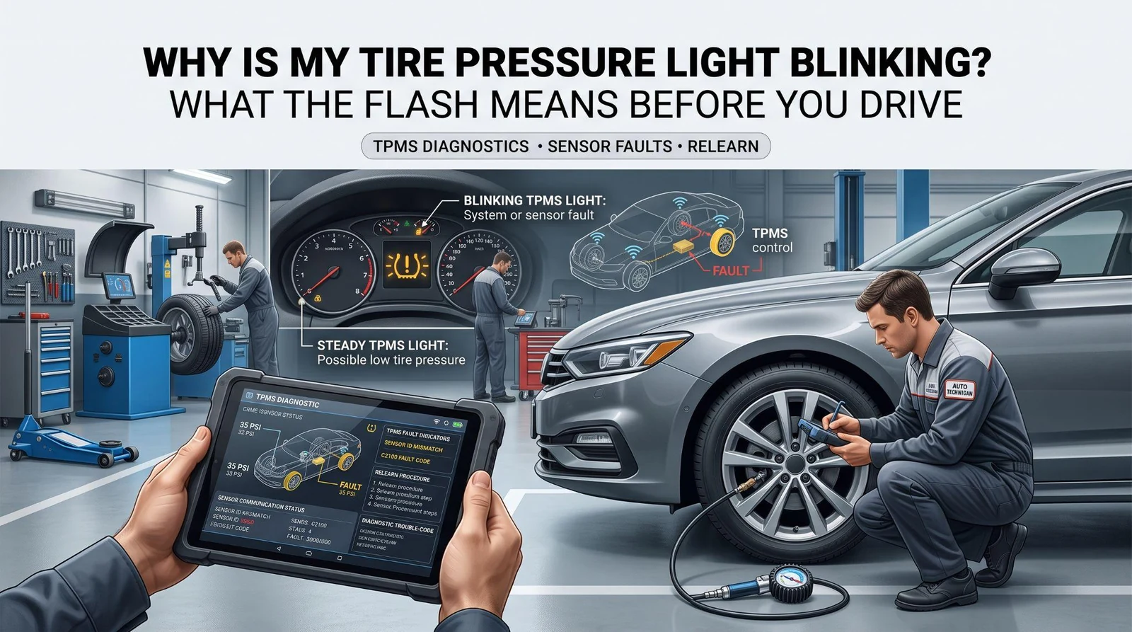 blinking TPMS warning light during tire pressure sensor diagnosis