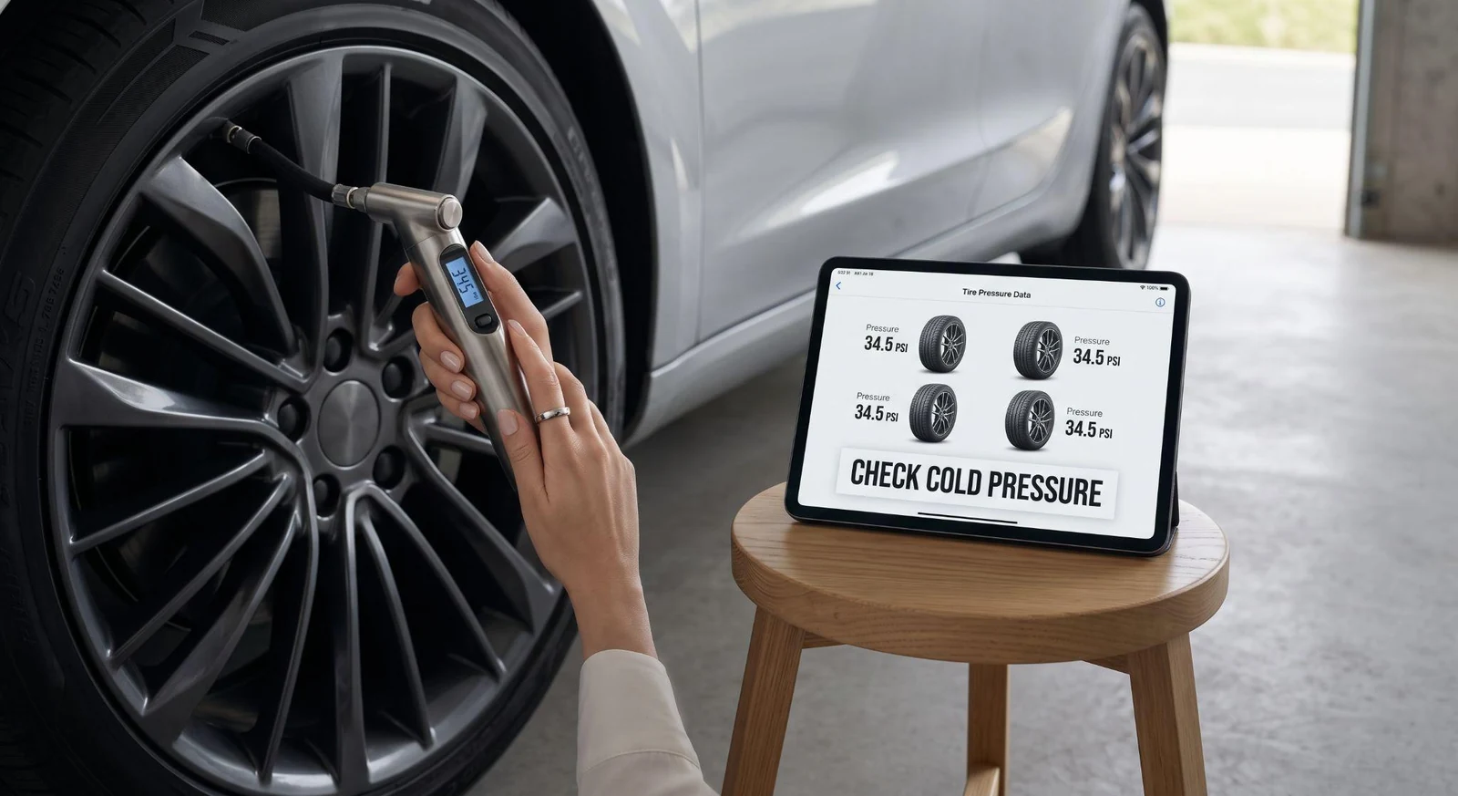 hand using digital tire pressure gauge cold tire