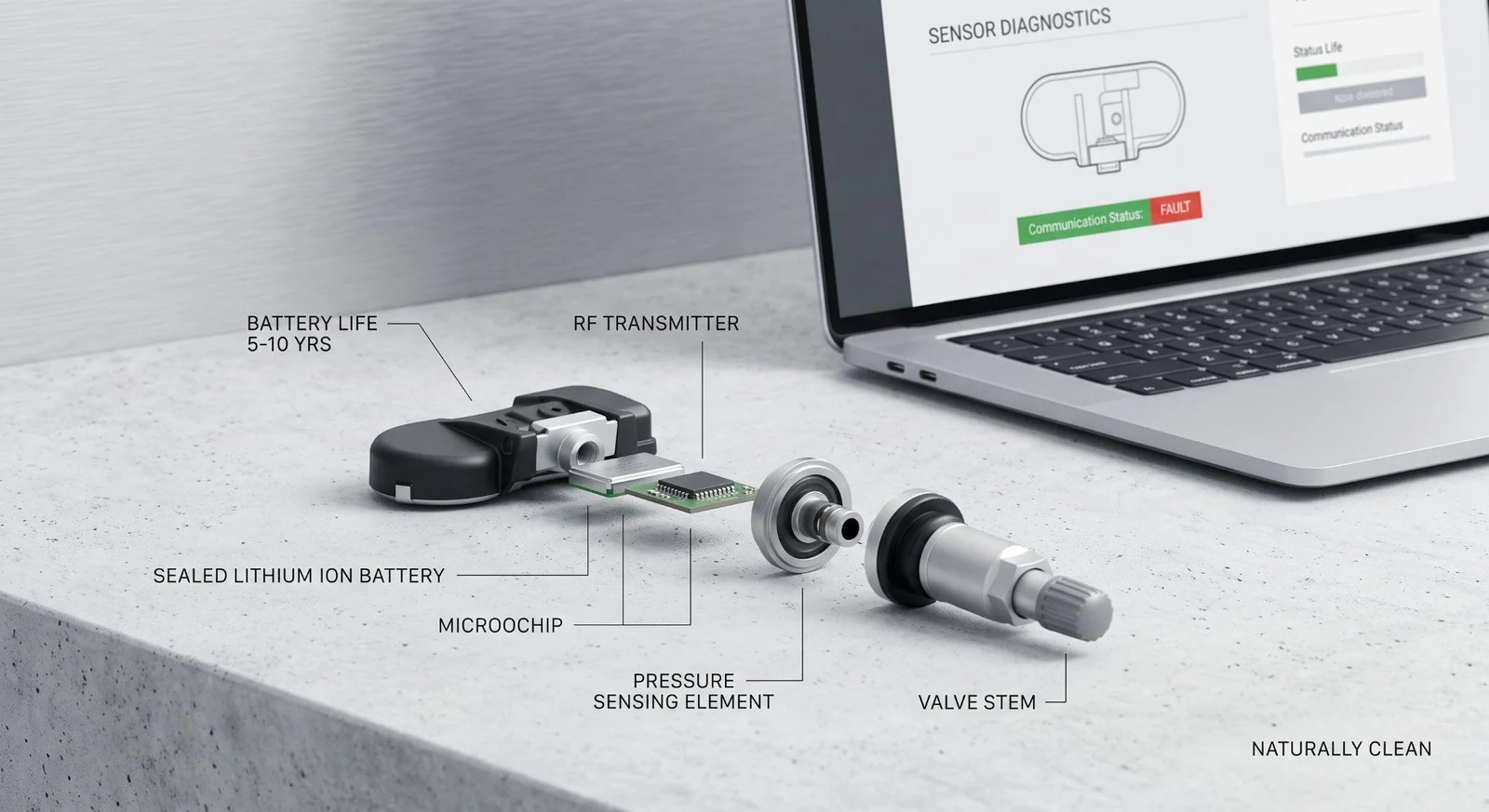 deconstructed TPMS sensor unit internal components fault