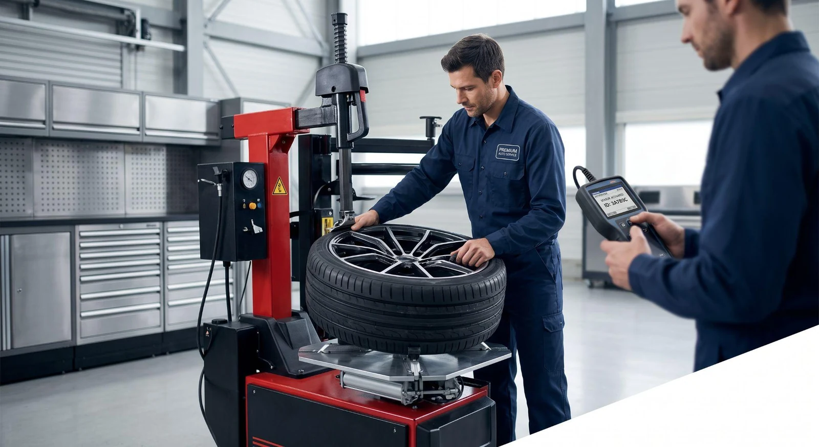 technician using tire changer machine activation tool