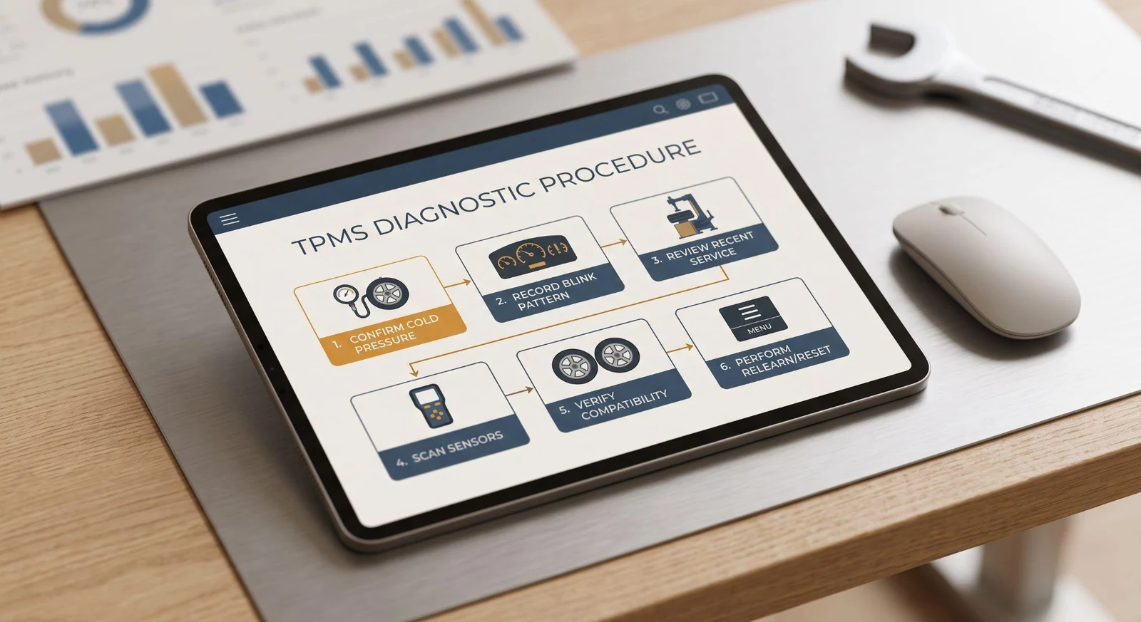 tablet screen showing structured TPMS diagnostic workflow