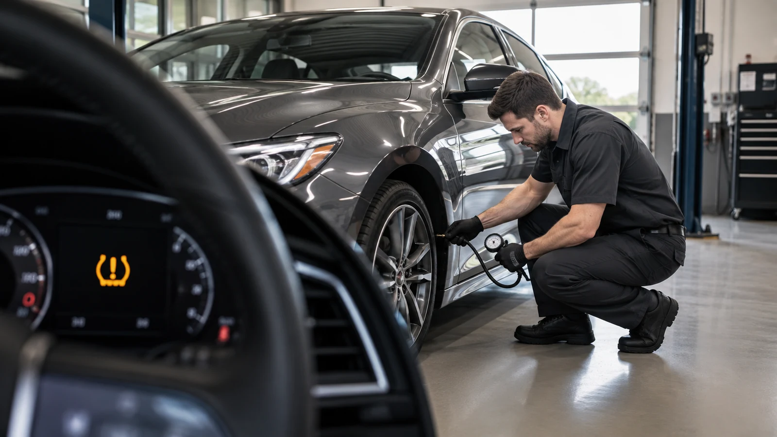 Mechanic checking recurring tire pressure warning