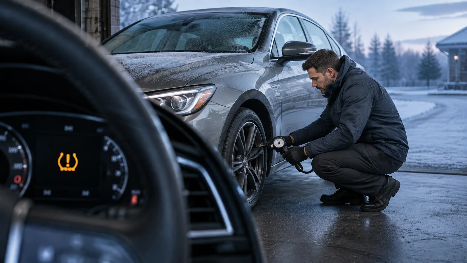 Checking tire pressure on cold morning