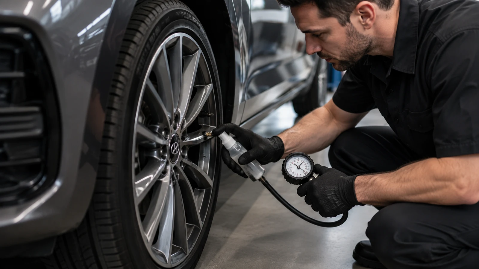 Mechanic inspecting leaking tire valve stem