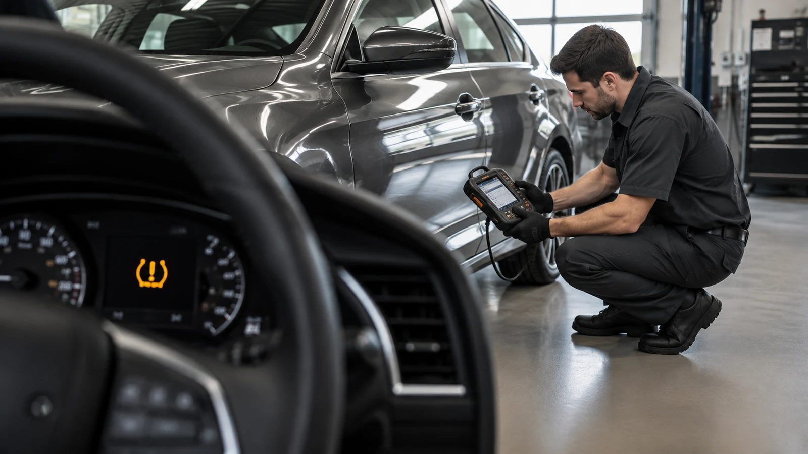 Technician diagnosing TPMS warning system fault
