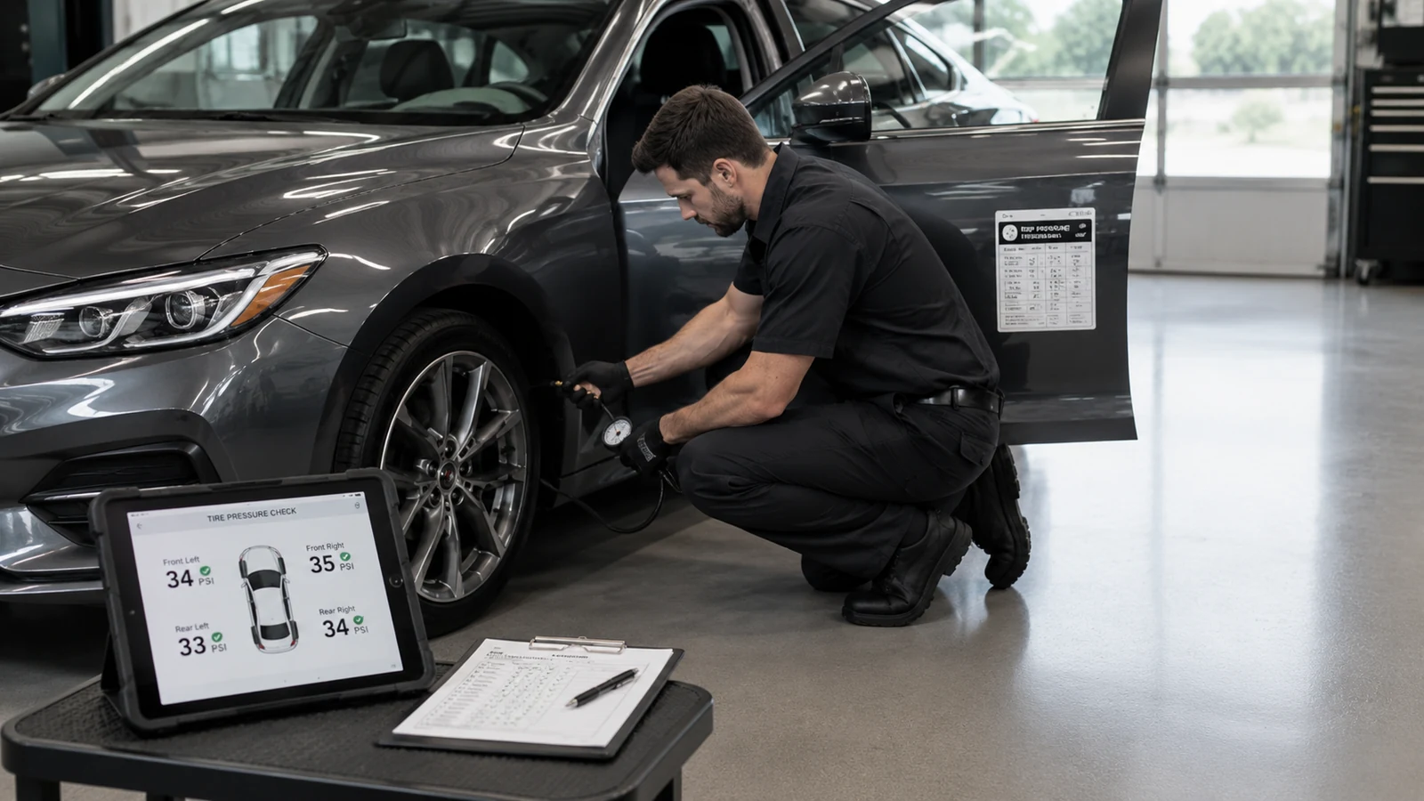 Mechanic rechecking recurring tire pressure problem